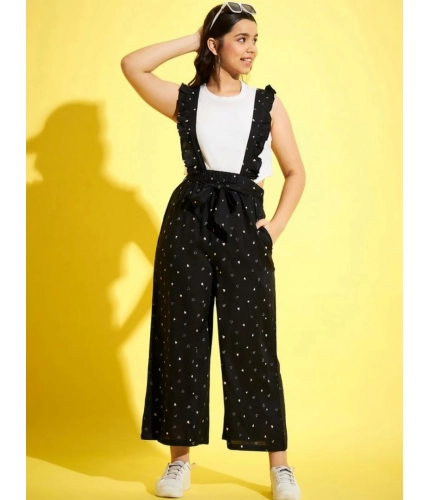 Girl's Cotton Printed Sleeveless Dungaree (Black-White)