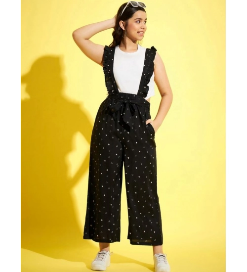 Girl's Cotton Printed Sleeveless Dungaree (Black-White)