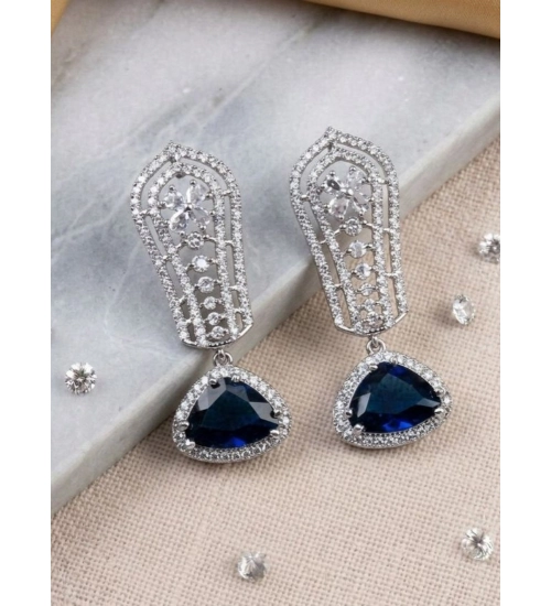Women's Brass Silver Plated Drop Earrings (Blue)