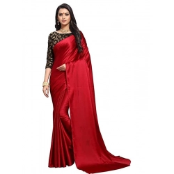 Women's Satin Solid Saree With Unstitched Blouse 5.5Mtr (Red)