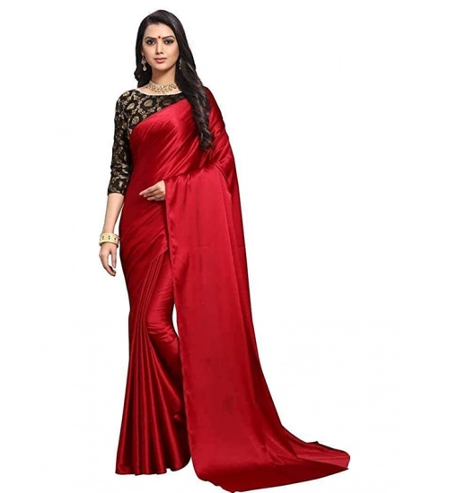 Women's Satin Solid Saree With Unstitched Blouse 5.5Mtr (Red)