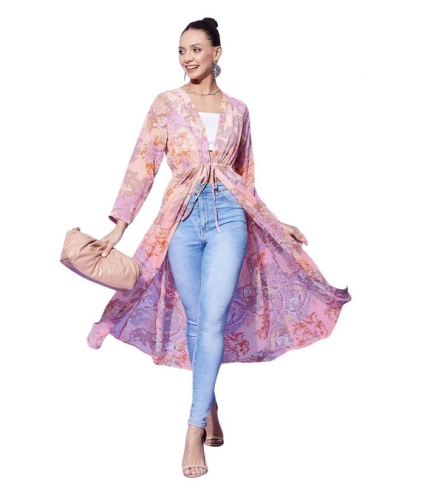Women's Polyester Floral Long Sleeves Shrug (Peach)