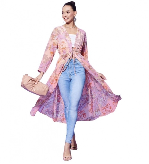 Women's Polyester Floral Long Sleeves Shrug (Peach)