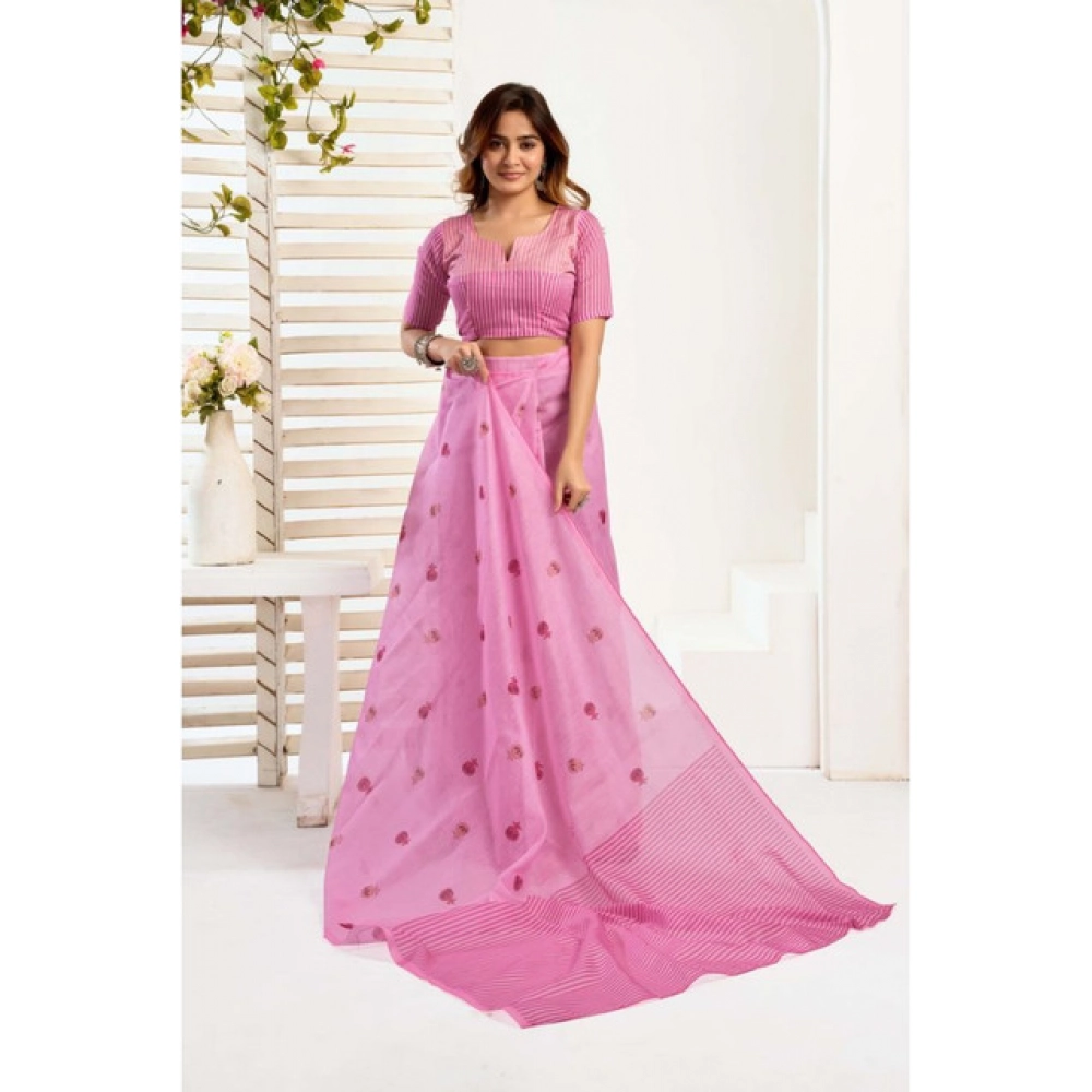 Women's Linen Cotton Printed Ready To Wear Saree With Unstitched Blouse 5.5 Mtr (Light_Pink)
