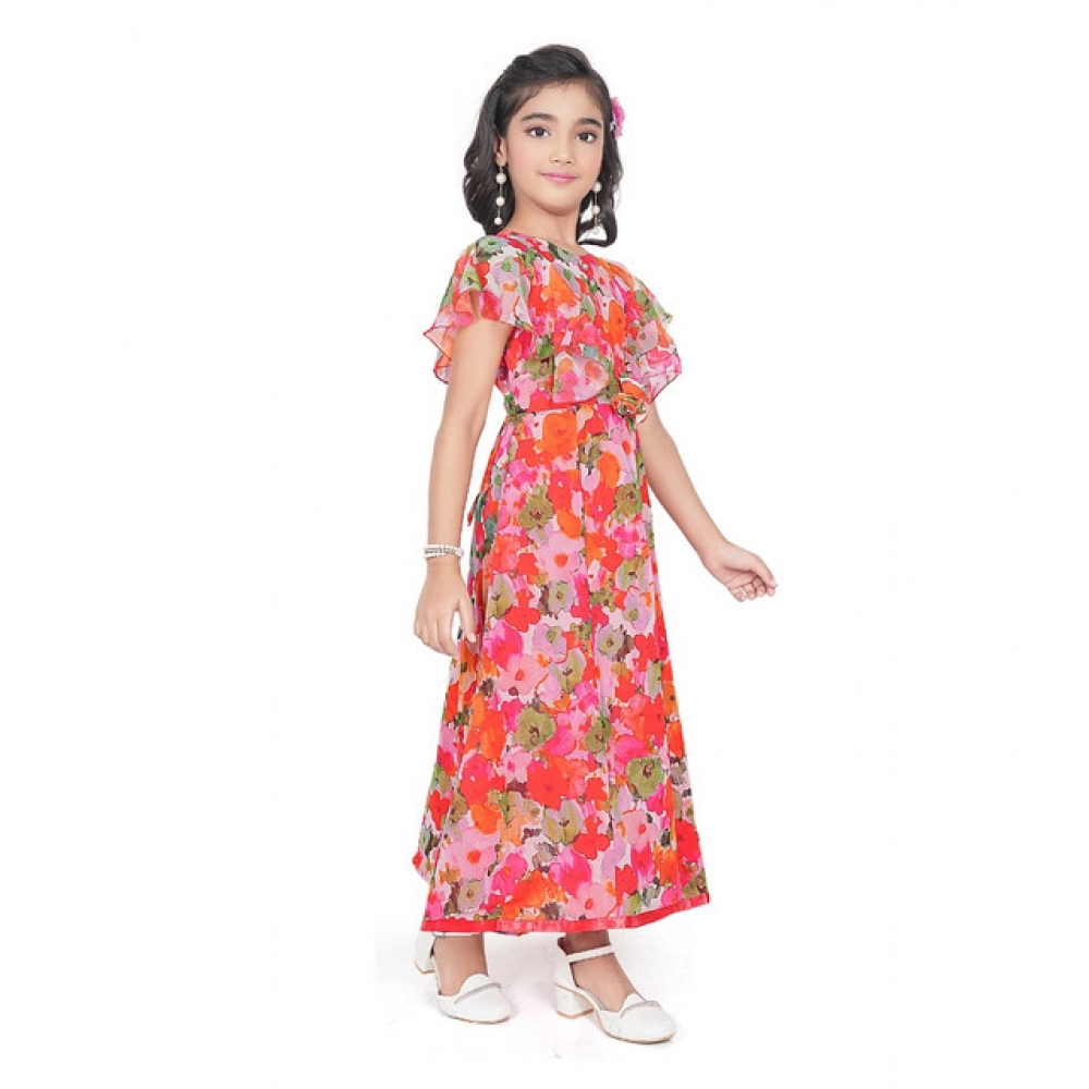 Girl's Shiffon Printed Short Sleeve Round Neck Dress (Multicolor)