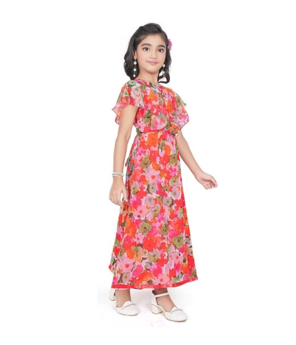 Girl's Shiffon Printed Short Sleeve Round Neck Dress (Multicolor)