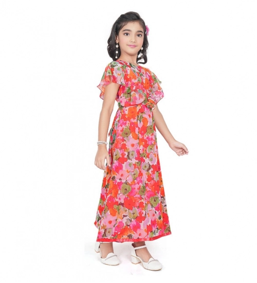 Girl's Shiffon Printed Short Sleeve Round Neck Dress (Multicolor) Girl's Shiffon Printed Short Sleeve Round Neck Dress (Multicolor)