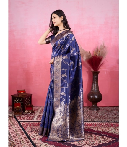 Women's Banarasi Silk Printed Saree With Unstitched Blouse 5.5Mtr (Blue) Women's Banarasi Silk Printed Saree With Unstitched Blouse 5.5Mtr (Blue)