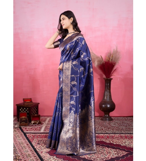 Women's Banarasi Silk Printed Saree With Unstitched Blouse 5.5Mtr (Blue)