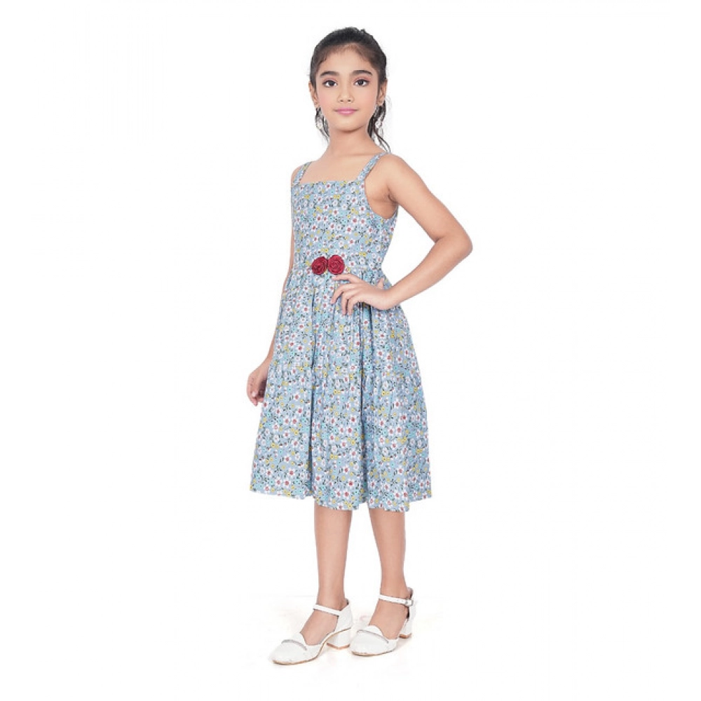Girl's Cotton Printed Sleeve Less Squre Neck Dress (Multicolor)