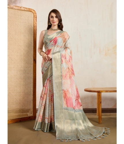Women's Viscose Printed Saree With Unstitched Blouse 5.5Mtr (Cream)