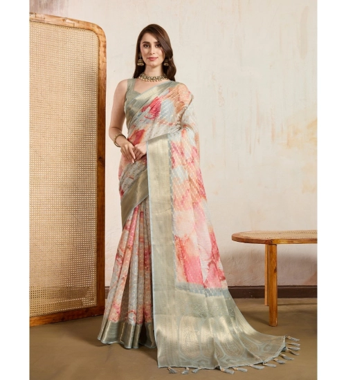 Women's Viscose Printed Saree With Unstitched Blouse 5.5Mtr (Cream)