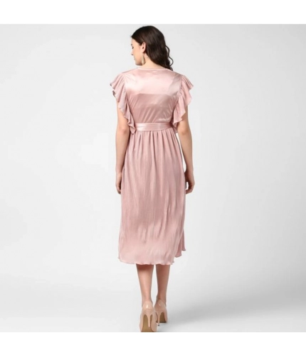 Women's Polyester Pleated Flutter Dress (Champagne Gold)