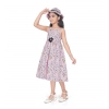 Girl's Cotton Printed Sleeve Less Round Neck Dress (Pink)