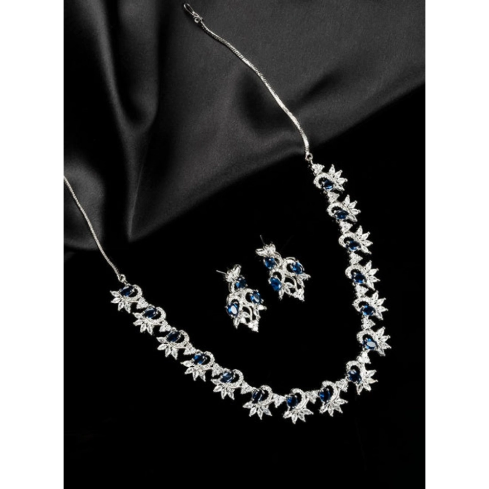 Women's Brass Silver Plated Necklace set (Blue)