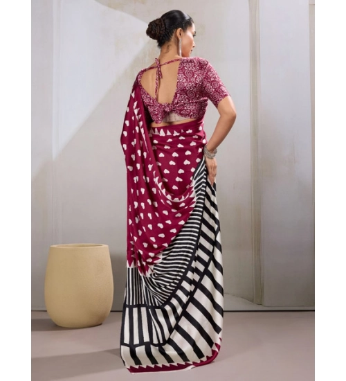 Women's Satin Crepe Printed Saree With Unstitched Blouse 5.5Mtr (Maroon)