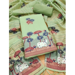 Women's Banarasi Silk Printed Unstitched Salwar Suit Material With Dupatta (Pista, 3Mtrs)