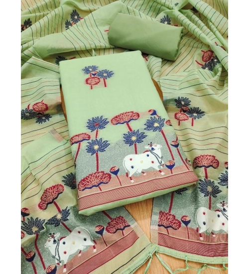 Women's Banarasi Silk Printed Unstitched Salwar Suit Material With Dupatta (Pista, 3Mtrs)