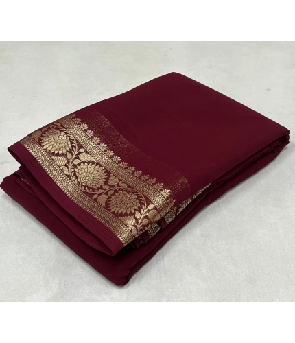 Women's Crepe Chit Pallu Solid Saree With Unstitched Blouse 5.5Mtr (Maroon)