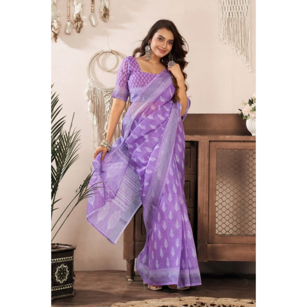 Women's Linen Cotton Printed Ready To Wear Saree With Unstitched Blouse 5.5 Mtr (Lavender)