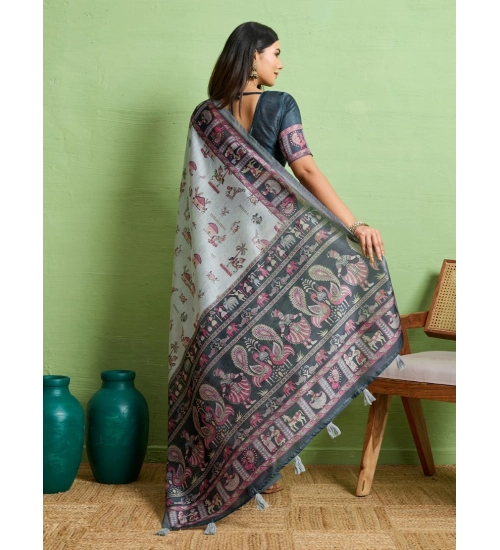 Women's Silk Blend Printed Saree With Unstitched Blouse 5.5Mtr (Grey)