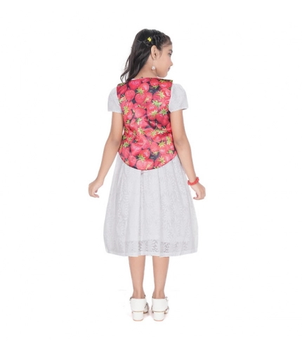 Girl's Heavy Chicken Printed Short Sleeve Round Neck Dress (White)