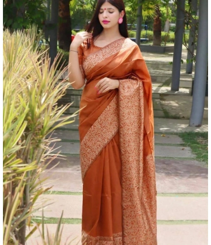 Women's Soft Lichi Silk Printed Saree With Unstitched Blouse 5.5Mtr (Brown)