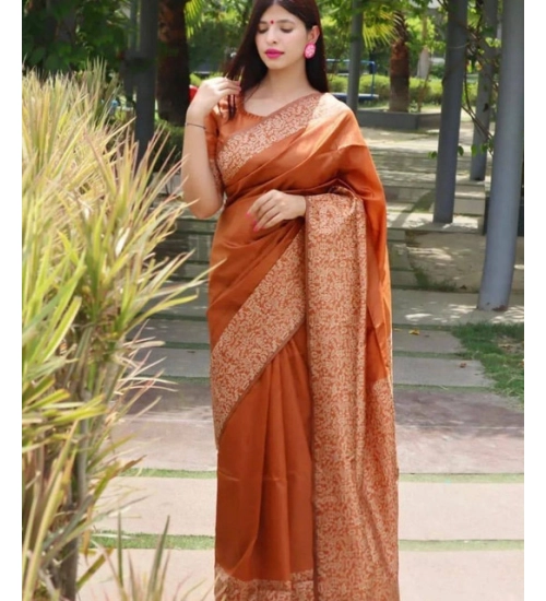 Women's Soft Lichi Silk Printed Saree With Unstitched Blouse 5.5Mtr (Brown)