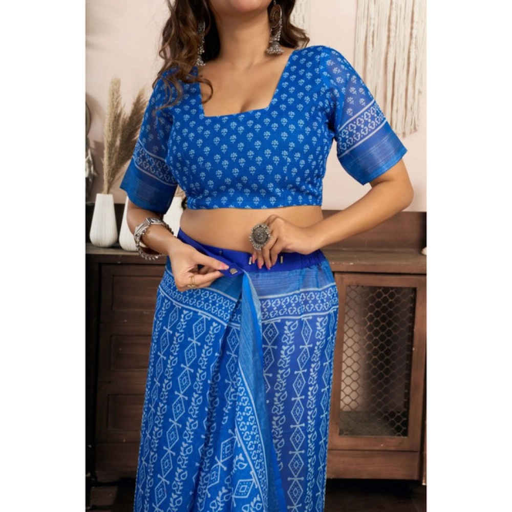 Women's Linen Cotton Printed Ready To Wear Saree With Unstitched Blouse 5.5 Mtr (Blue)