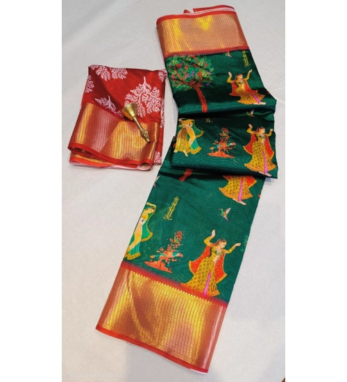 Women's Digital Dolla Silk Printed Saree With Unstitched Blouse 5.5Mtr (Green)