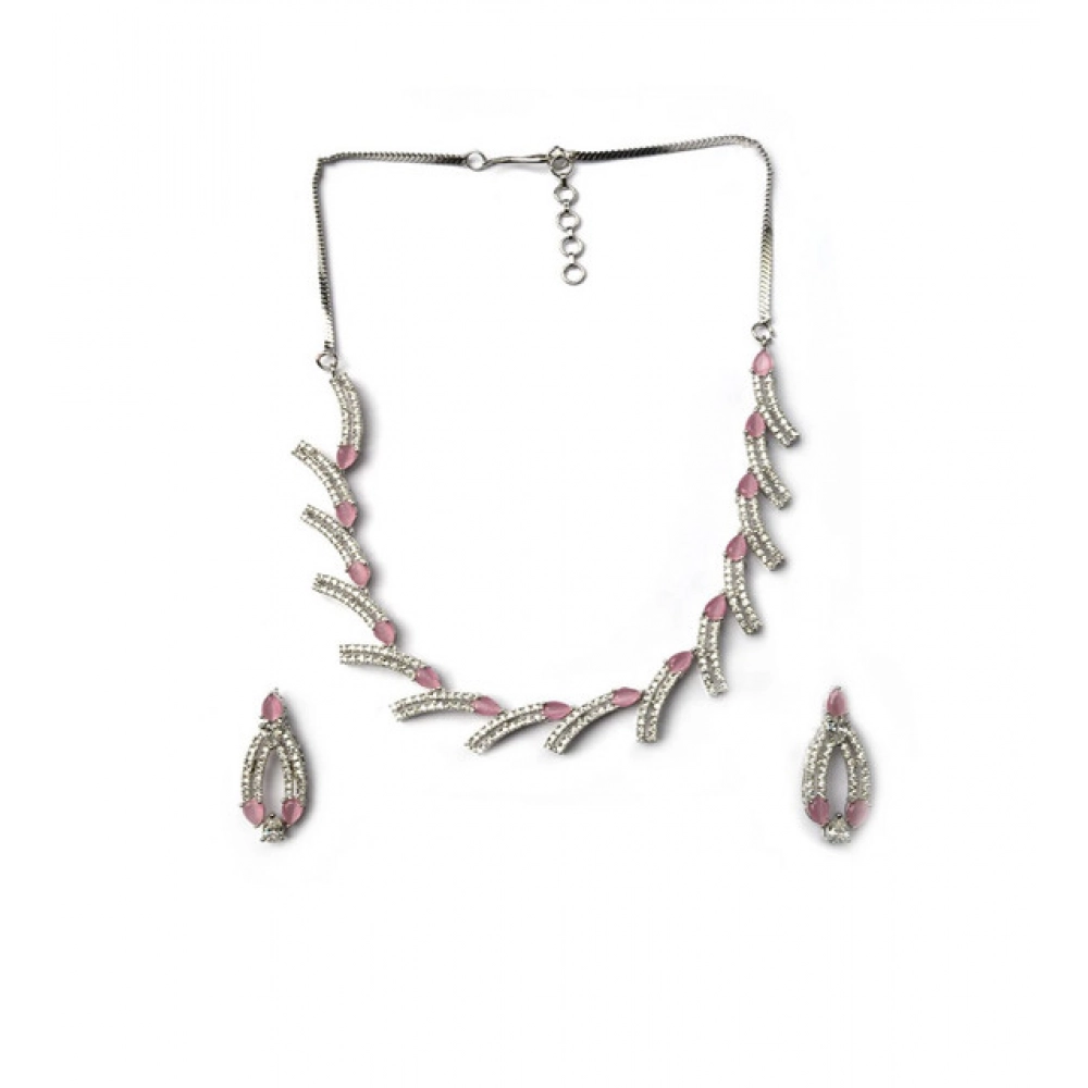Women's Brass Silver Plated Necklace set (Pink)
