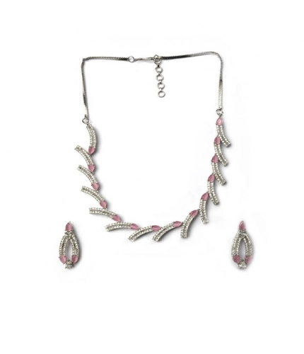 Women's Brass Silver Plated Necklace set (Pink)