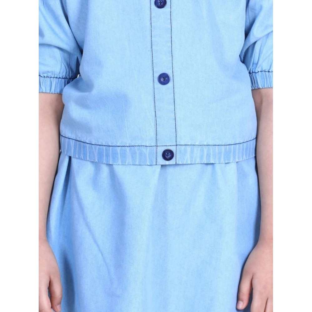 Girl's Denim Solid Cold Shoulder Top and Skirt Set (Light Blue)