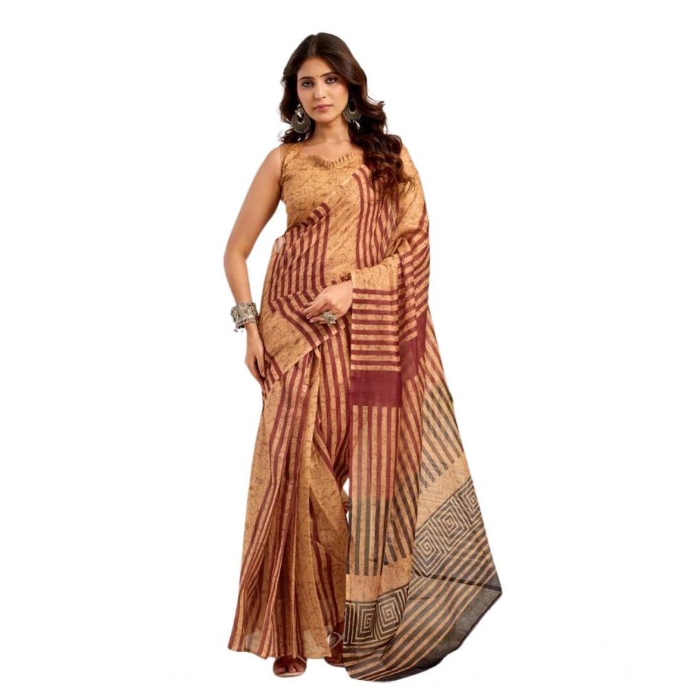 Women's Faux Linen Geometric Print Ready to wear Saree With Unstitched Blouse 5.5Mtr (Brown) Women's Faux Linen Geometric Print Ready to wear Saree With Unstitched Blouse 5.5Mtr (Brown)