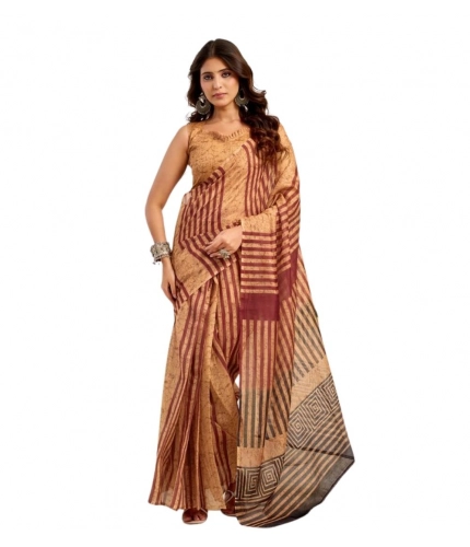 Women's Faux Linen Geometric Print Ready to wear Saree With Unstitched Blouse 5.5Mtr (Brown) Women's Faux Linen Geometric Print Ready to wear Saree With Unstitched Blouse 5.5Mtr (Brown)