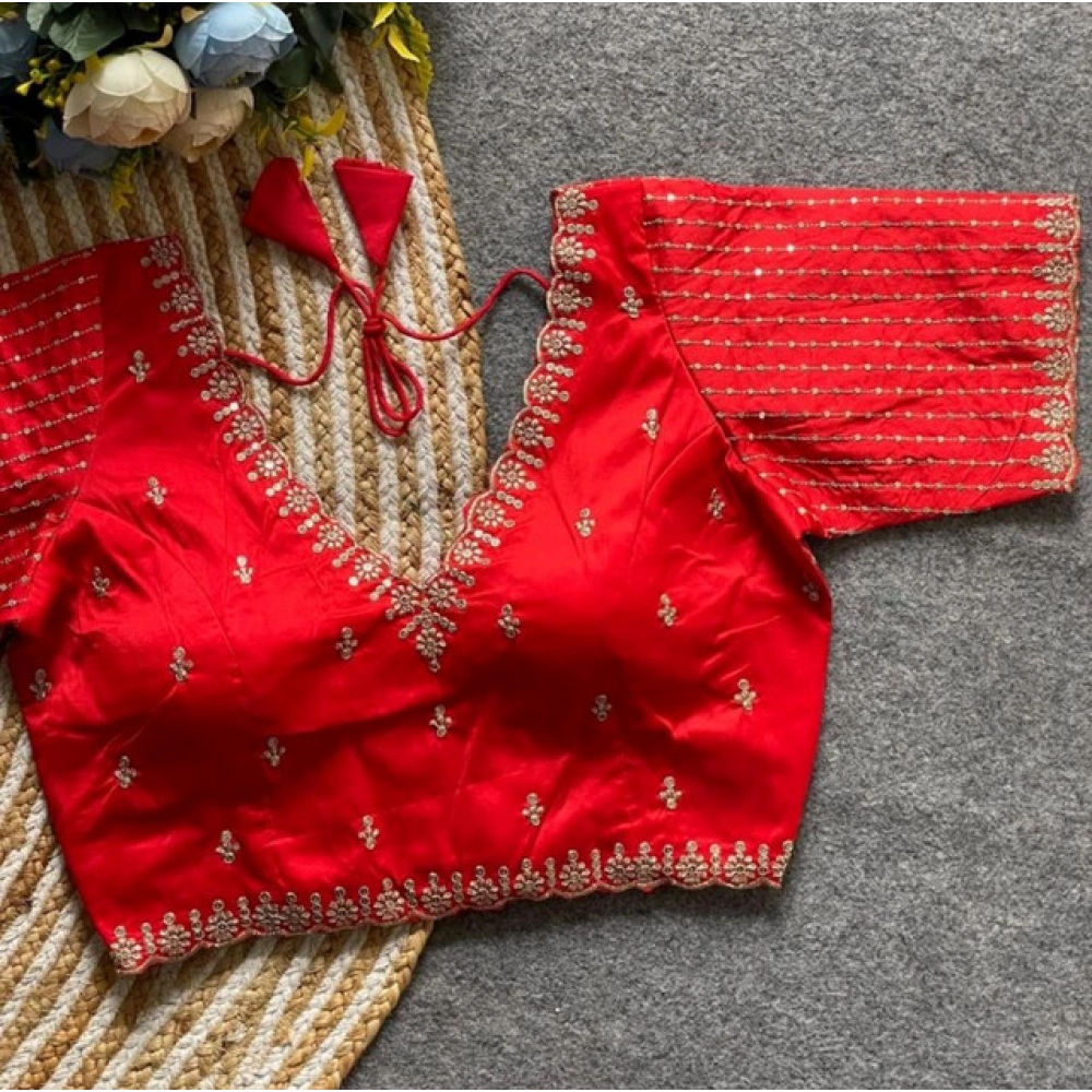 Women's Banarasi Silk Sequence V Neck Non Padded Blouse (Red 38 Ready (Alterable up to 42)