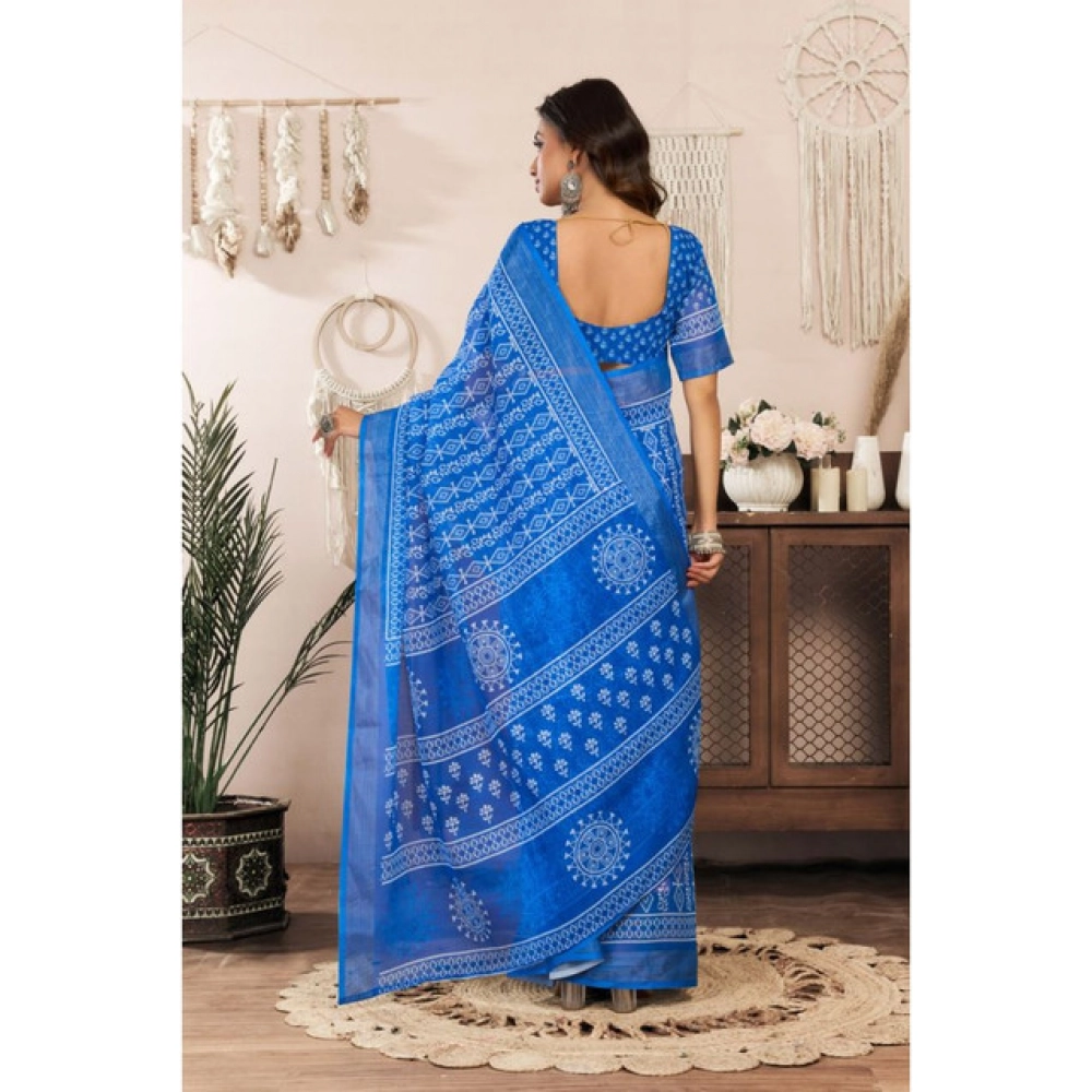 Women's Linen Cotton Printed Ready To Wear Saree With Unstitched Blouse 5.5 Mtr (Blue)