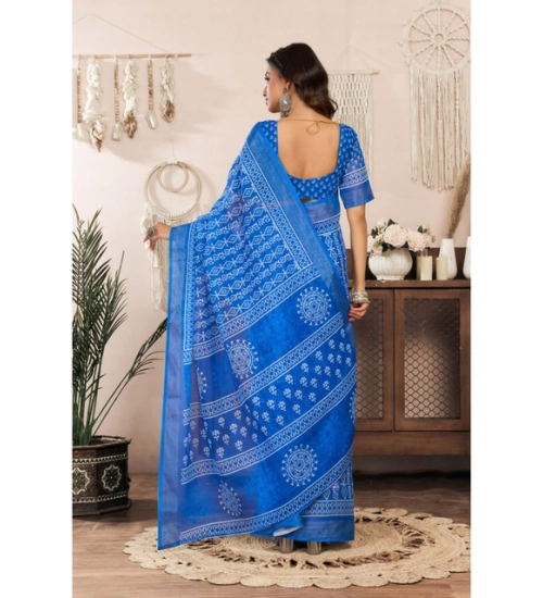 Women's Linen Cotton Printed Ready To Wear Saree With Unstitched Blouse 5.5 Mtr (Blue)
