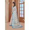 Dropship Women's Printed Cotton Linen Saree withPrinted  Saree With Unstitched Blouse (Beige , 5-6Mtrs)