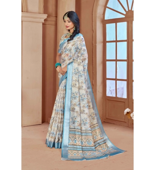Women's Printed Cotton Linen Saree withPrinted  Saree With Unstitched Blouse (Beige , 5-6Mtrs)