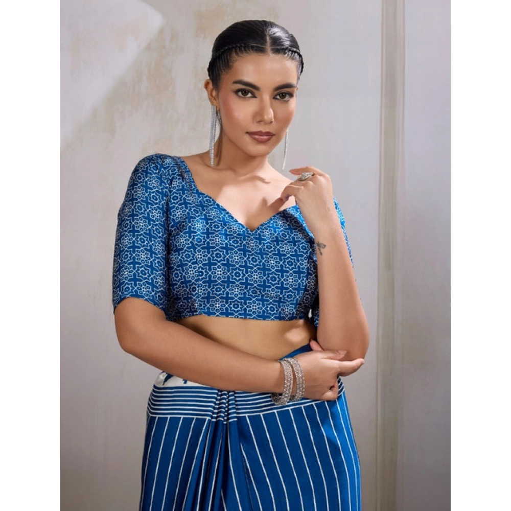 Women's Satin Crepe Printed Saree With Unstitched Blouse 5.5Mtr (Blue)