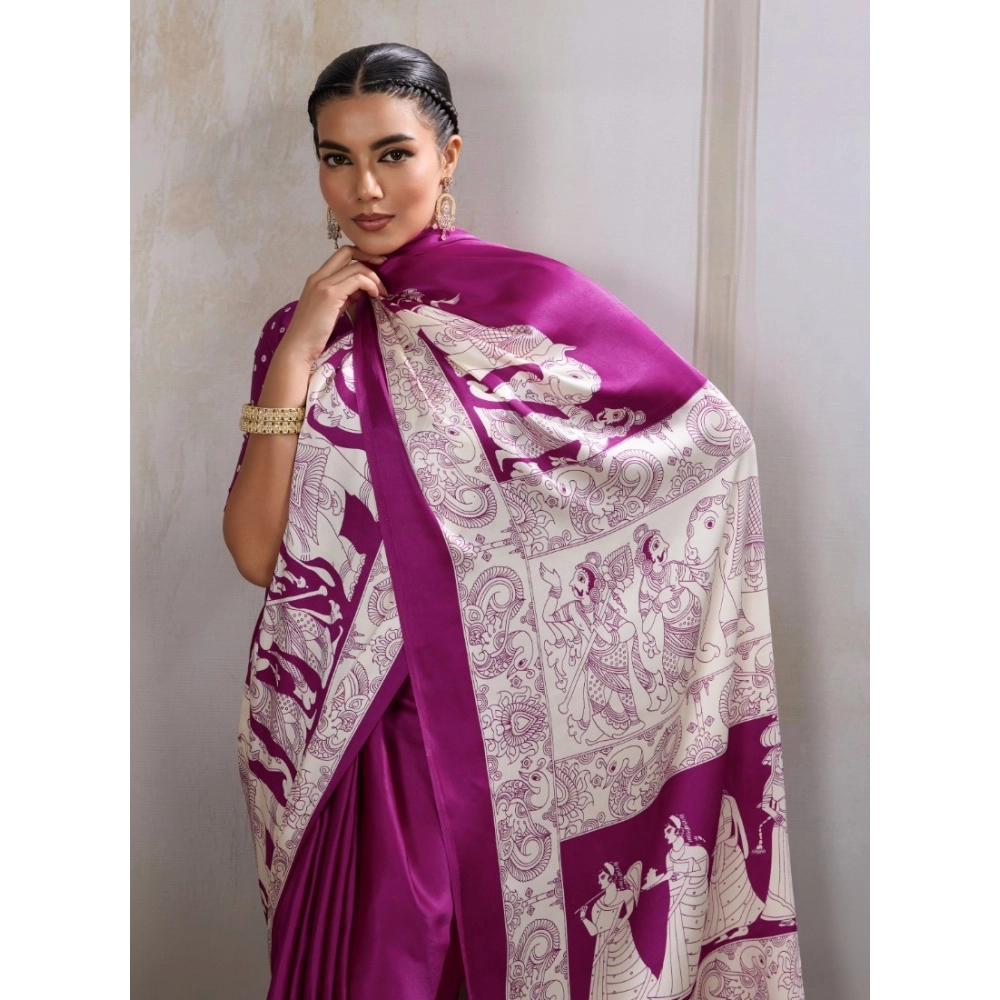 Women's Satin Crepe Printed Saree With Unstitched Blouse 5.5Mtr (Purple)