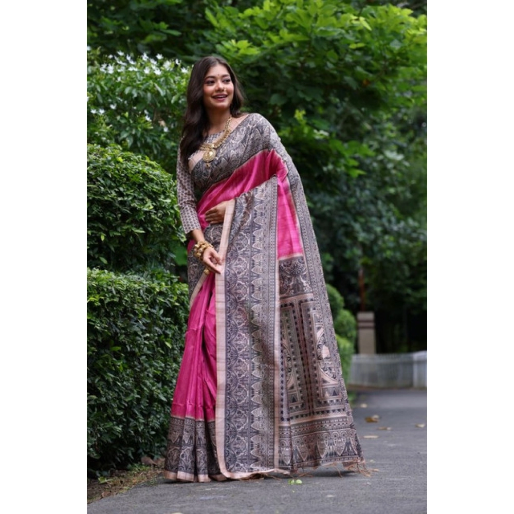 Women's Faux_Tussar Ethnic_Print Saree With Unstitched Blouse 5.5Mtr (Pink) Women's Faux_Tussar Ethnic_Print Saree With Unstitched Blouse 5.5Mtr (Pink)