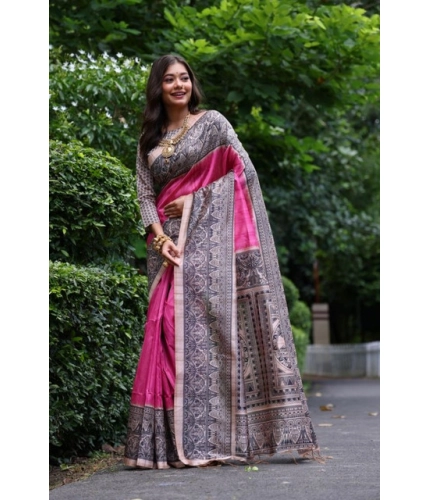 Women's Faux_Tussar Ethnic_Print Saree With Unstitched Blouse 5.5Mtr (Pink)