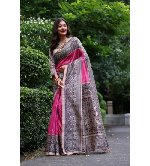 Women's Faux_Tussar Ethnic_Print Saree With Unstitched Blouse 5.5Mtr (Pink)