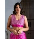 Women's Satin Crepe Printed Saree With Unstitched Blouse 5.5Mtr (Pink)