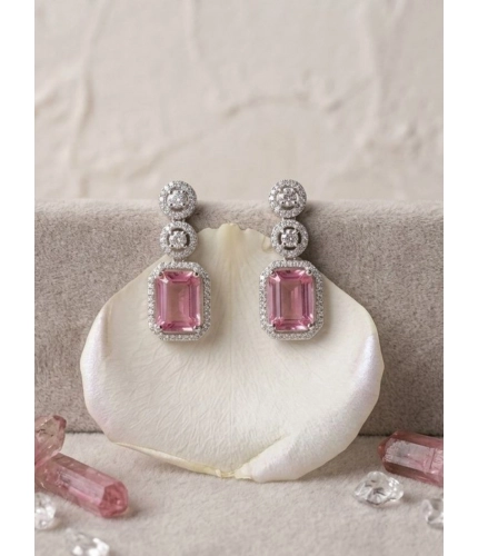 Women's Brass Silver Plated Drop Earrings (Pink)