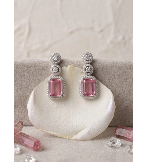 Women's Brass Silver Plated Drop Earrings (Pink)