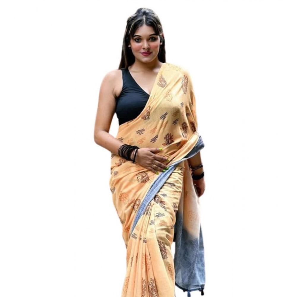 Women's Linen Printed Saree With Unstitched Blouse 5.5Mtr (Peach) Women's Linen Printed Saree With Unstitched Blouse 5.5Mtr (Peach)