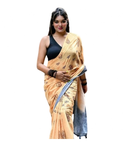 Women's Linen Printed Saree With Unstitched Blouse 5.5Mtr (Peach)